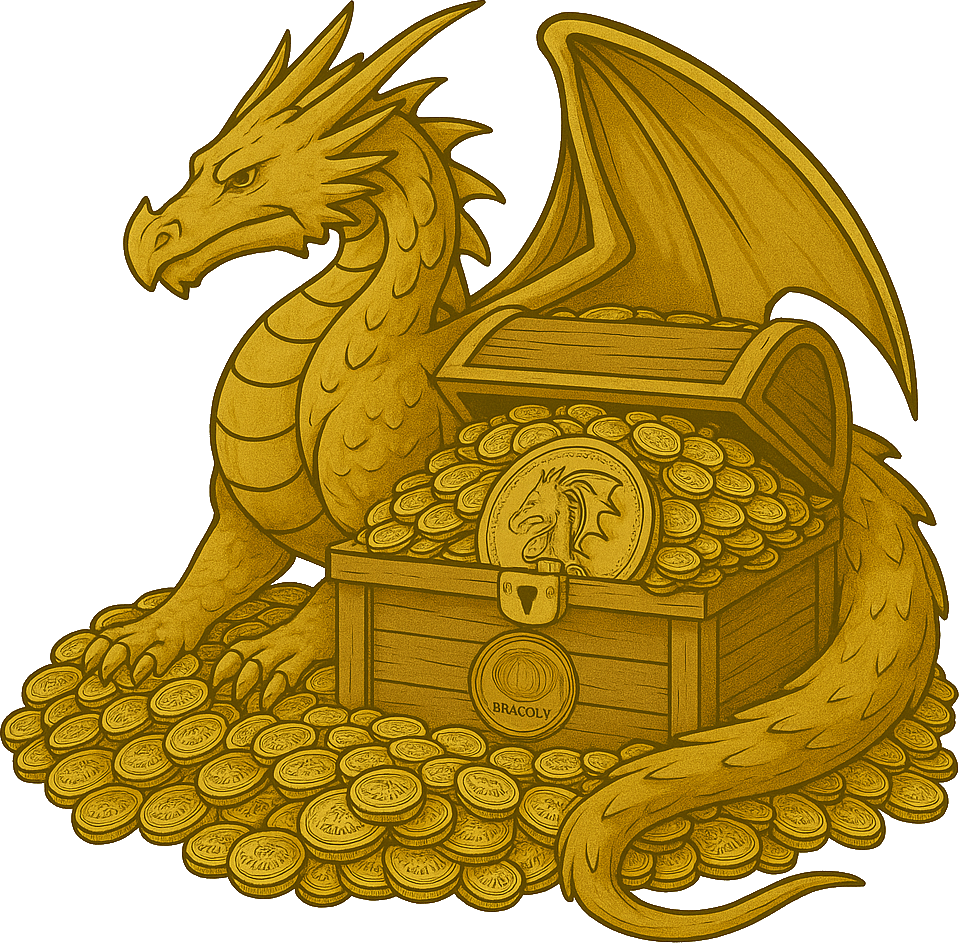 Dragon guarding overflowing chest of Dracoins