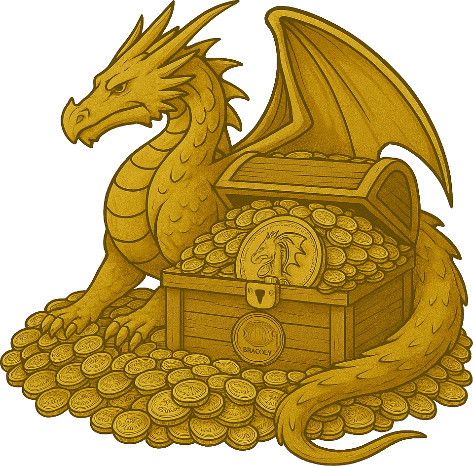 Dragon guarding overflowing chest of Dracoins